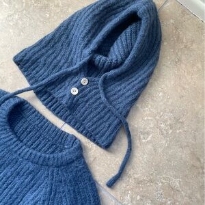 Chunky Blue Knit Sweater with Hood